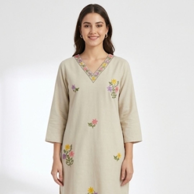 Floral Embroidered V-Neck Sequinned Cotton Straight Kurta With Trouser