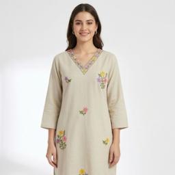 Floral Embroidered V-Neck Sequinned Cotton Straight Kurta With Trouser