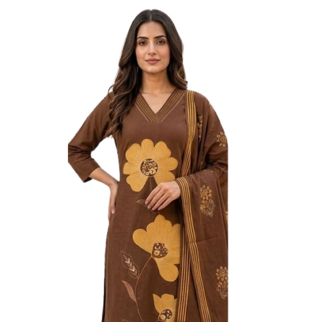 Generic Brown and Beige 3-piece Floral Printed Kurta set Features Large Decorative Flowers on the Kurta and a Matching Dupatta ( 3-piece)