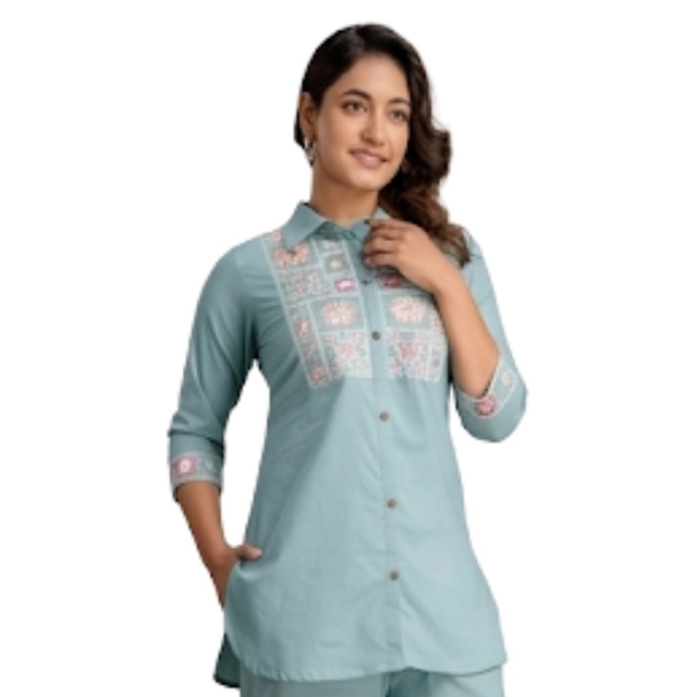 Sea Green Co-Ord Set Featuring an Embroidered Tunic and Matching trousers