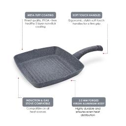Wonderchef Granite Non-Stick 24cm Grill Pan | Soft-Touch Handles | Virgin Aluminium | PFOA and Heavy Metals Free | 3.5mm Thickness | 1.8 litres | 2 Year Warranty | Grey