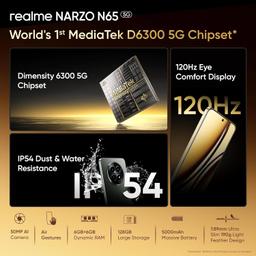 realme NARZO N65 5G (Amber Gold 6GB RAM, 128GB Storage) India's 1st D6300 5G Chipset | Ultra Slim Design | 120Hz Eye Comfort Display | 50MP AI Camera| Charger in The Box