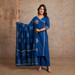 Women Ethnic Motifs Printed Panelled Thread Work Kurta with Trousers & With Dupatta