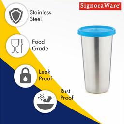 Signora Ware Stainless Steel Mini Tumbler/Food Storage with Lid | Air Tight Leak Proof Glass Tumblers for Office Gym Yoga Hiking Trekking Travel Home Kitchen (300Ml), Set of 1, Blue