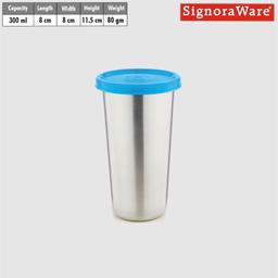 Signora Ware Stainless Steel Mini Tumbler/Food Storage with Lid | Air Tight Leak Proof Glass Tumblers for Office Gym Yoga Hiking Trekking Travel Home Kitchen (300Ml), Set of 1, Blue