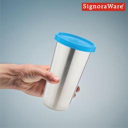 Signora Ware Stainless Steel Mini Tumbler/Food Storage with Lid | Air Tight Leak Proof Glass Tumblers for Office Gym Yoga Hiking Trekking Travel Home Kitchen (300Ml), Set of 1, Blue