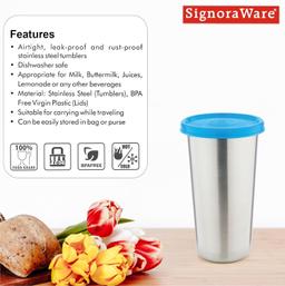 Signora Ware Stainless Steel Mini Tumbler/Food Storage with Lid | Air Tight Leak Proof Glass Tumblers for Office Gym Yoga Hiking Trekking Travel Home Kitchen (300Ml), Set of 1, Blue