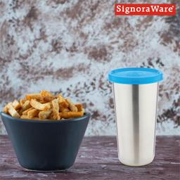 Signora Ware Stainless Steel Mini Tumbler/Food Storage with Lid | Air Tight Leak Proof Glass Tumblers for Office Gym Yoga Hiking Trekking Travel Home Kitchen (300Ml), Set of 1, Blue