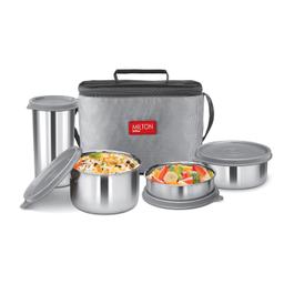MILTON Delicious Lunch Box with Insulated Fabric Jacket, 3 Stainless Steel Containers 210 ml, 340 ml, 500 ml &Tumbler 380 ml, Leak-Proof Tiffin for Office, College, Picnic, Grey