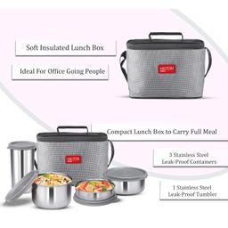 MILTON Delicious Lunch Box with Insulated Fabric Jacket, 3 Stainless Steel Containers 210 ml, 340 ml, 500 ml &Tumbler 380 ml, Leak-Proof Tiffin for Office, College, Picnic, Grey
