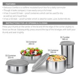 MILTON Delicious Lunch Box with Insulated Fabric Jacket, 3 Stainless Steel Containers 210 ml, 340 ml, 500 ml &Tumbler 380 ml, Leak-Proof Tiffin for Office, College, Picnic, Grey