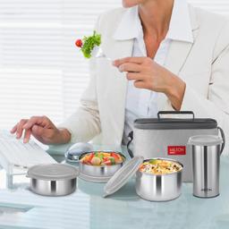 MILTON Delicious Lunch Box with Insulated Fabric Jacket, 3 Stainless Steel Containers 210 ml, 340 ml, 500 ml &Tumbler 380 ml, Leak-Proof Tiffin for Office, College, Picnic, Grey