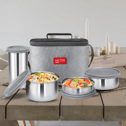 MILTON Delicious Lunch Box with Insulated Fabric Jacket, 3 Stainless Steel Containers 210 ml, 340 ml, 500 ml &Tumbler 380 ml, Leak-Proof Tiffin for Office, College, Picnic, Grey